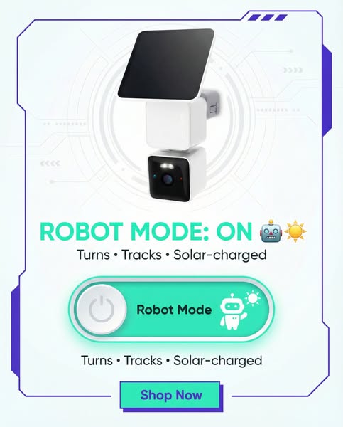 This image ad showcases a white security camera with a solar panel, emphasizing its robot mode feature that allows the c