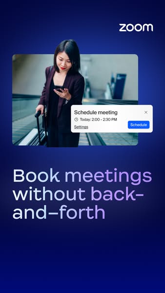 This Zoom ad highlights the ability to seamlessly schedule meetings on the go. It features a woman on the escalator look