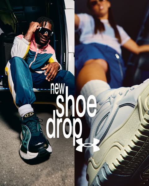 This image ad uses a split screen to showcase the newest shoe drop from Under Armour.