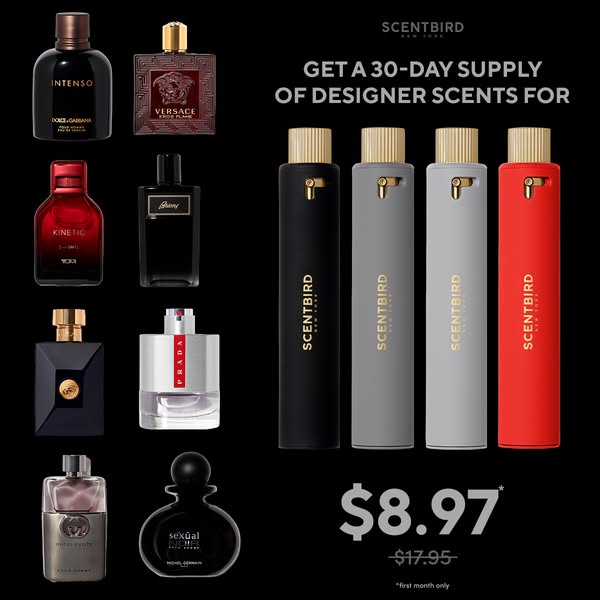 This ad promotes Scentbird, a subscription service that provides a 30-day supply of designer scents. It features several