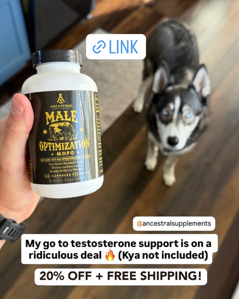This image ad features a man holding a bottle of Ancestral Supplements Male Optimization MOFO with a husky dog in the ba
