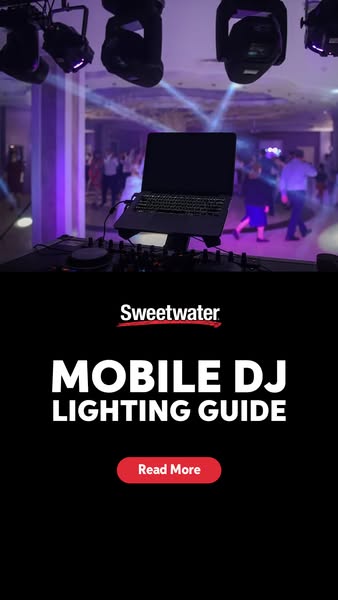 This ad by Sweetwater promotes its mobile DJ lighting guide. The ad features a laptop over a DJ setup in front of a crow