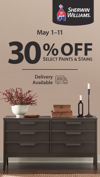This is a promotional ad for Sherwin-Williams paints and stains, advertising a limited-time discount of 30% off select p