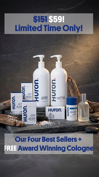 This ad promotes a selection of Huron's products, featuring a discount and a free cologne. The ad showcases the prod