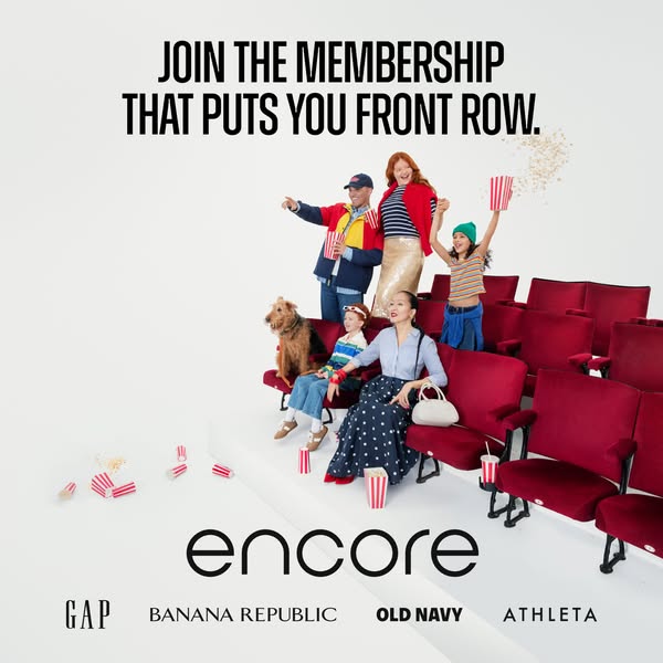 An image ad promotes the Encore membership program with a photo of a diverse group of people sitting in a movie theater.