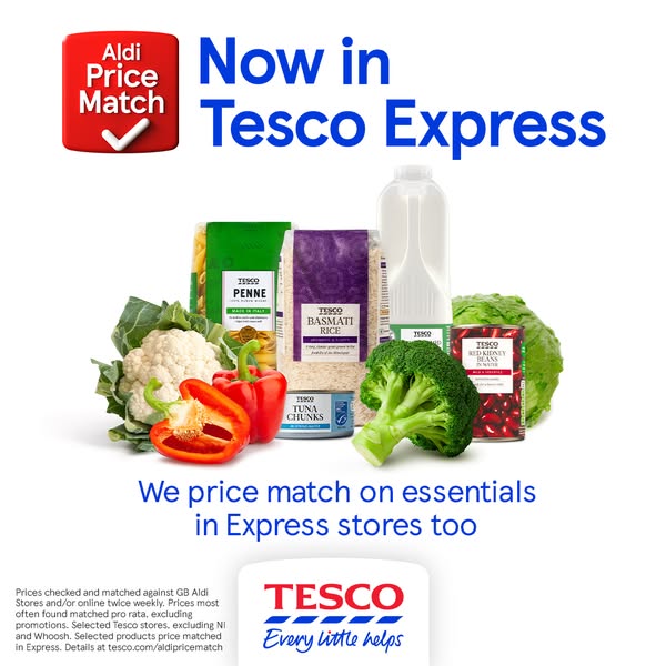 This image ad highlights Tesco's price match on essentials in its Express stores, comparing them to Aldi's price
