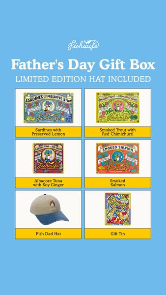 This image advertises a Fishwife Father's Day gift box, which includes canned sardines and smoked fish, plus a limit