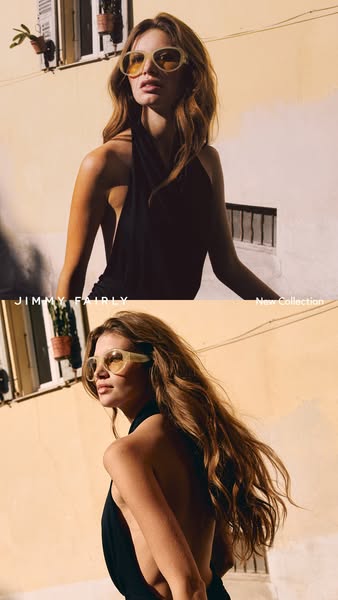 This ad shows a slideshow of images of a woman with long curly hair wearing Jimmy Fairly sunglasses while outside.
