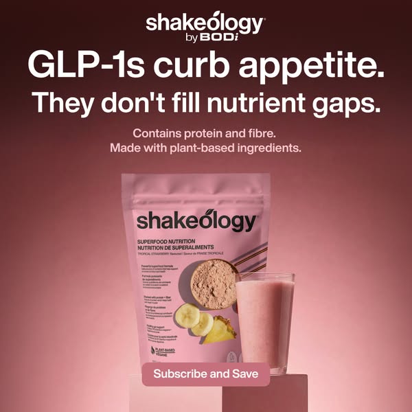 This ad for Shakeology highlights how it helps curb appetite and fill nutrient gaps with plant-based ingredients. It fea