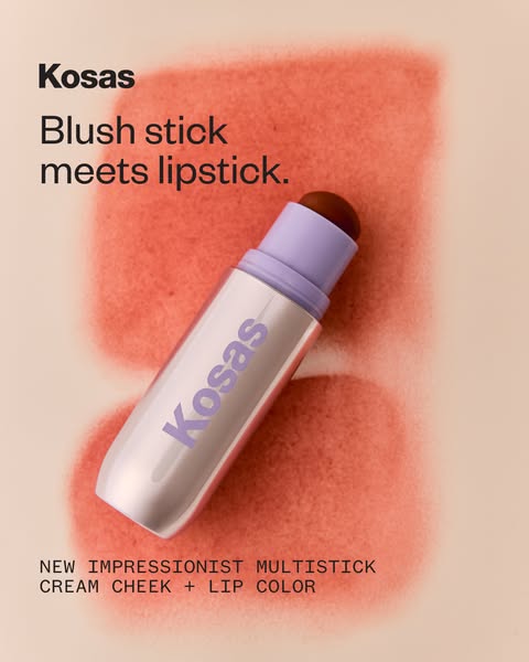 A close-up of Kosas's Impressionist Multistick, demonstrating that it is both a blush and a lipstick in one product.