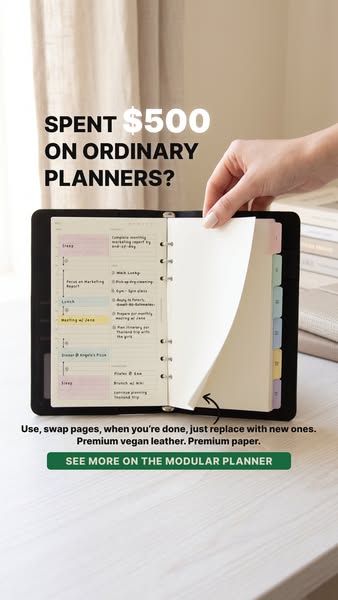This ad promotes a modular planner as an alternative to traditional planners. It emphasizes the ability to replace pages
