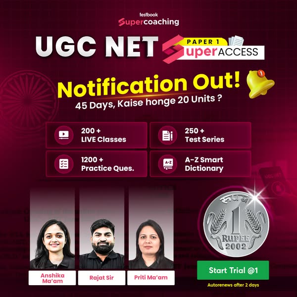This ad promotes a testbook Supercoaching resource, specifically for UGC NET Paper 1. It highlights key features such as
