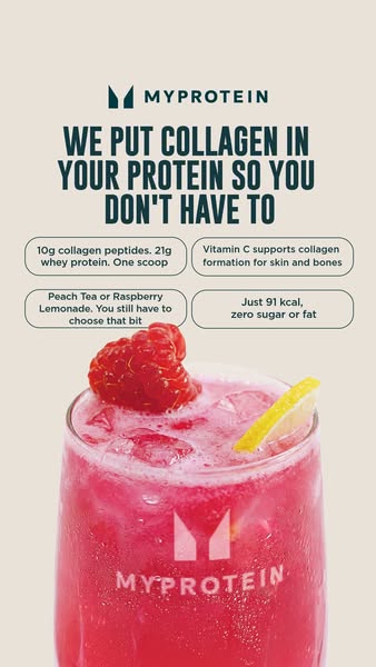 The ad promotes Myprotein's protein powder with added collagen, highlighting the benefits of collagen without the ne