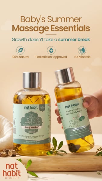 An ad for Nat Habit Baby Massage Oil features two bottles of oil and highlights that growth doesn't take a summer br