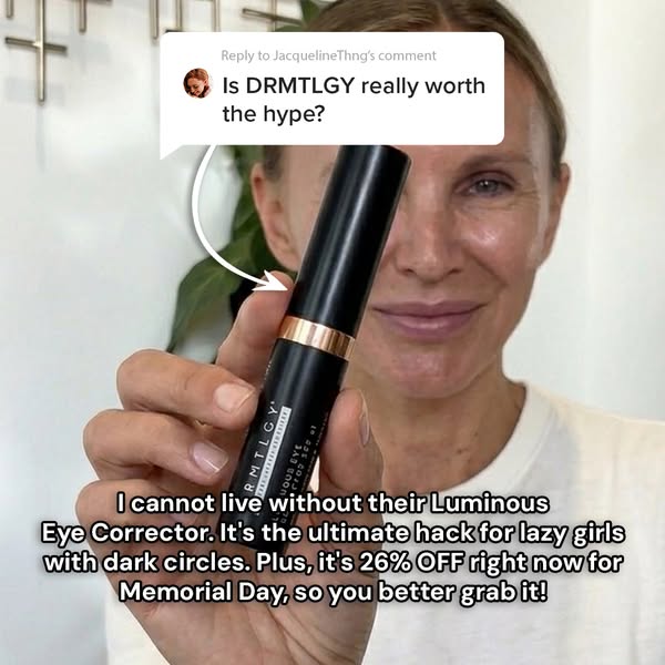 The ad features a woman holding a DRMTLGY eye corrector and addresses the problem of dark circles under the eyes, offeri
