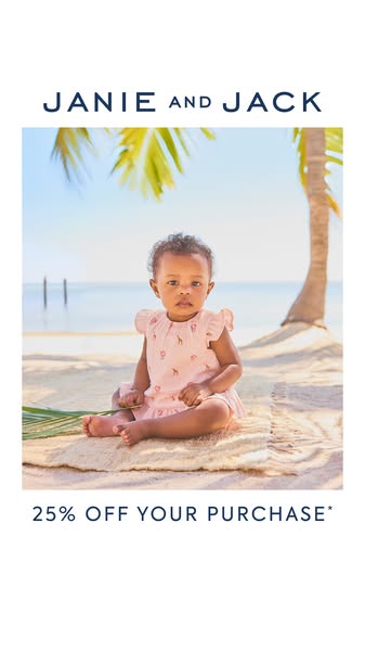 This image ad from Janie and Jack features a young child on a beach, wearing a pink dress with giraffe print. The ad pro