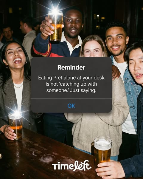 The ad shows a group of friends socializing while an alert box pops up emphasizing the need for real social connection r