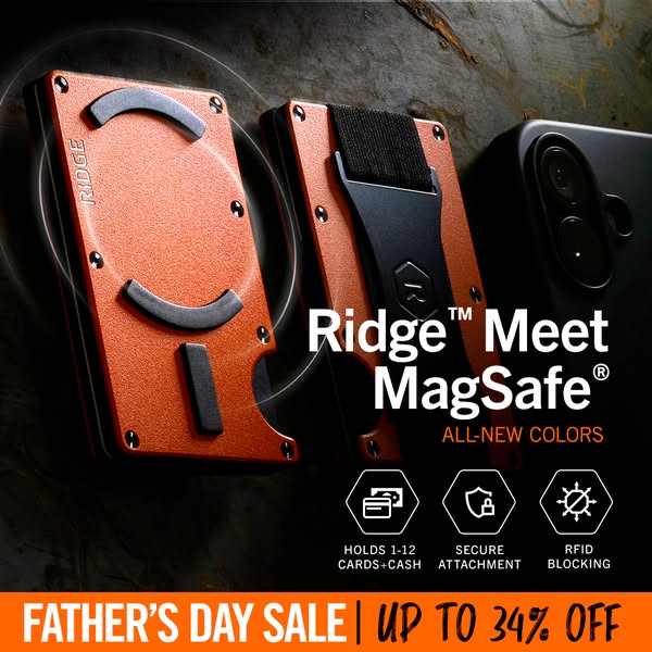 This ad showcases a Ridge wallet designed for MagSafe compatibility. It emphasizes the wallet's new color options, c