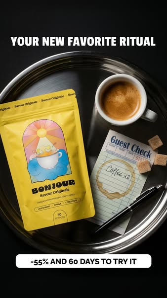 An ad for Bonjour Saveur Originale coffee, which is enriched with Lion's Mane, Chaga, and Cordyceps mushrooms. The a