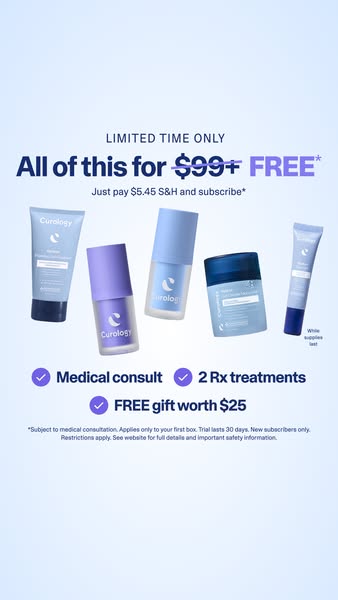 This ad promotes a limited-time offer from Curology, featuring a skincare set that includes a medical consultation, 2 Rx