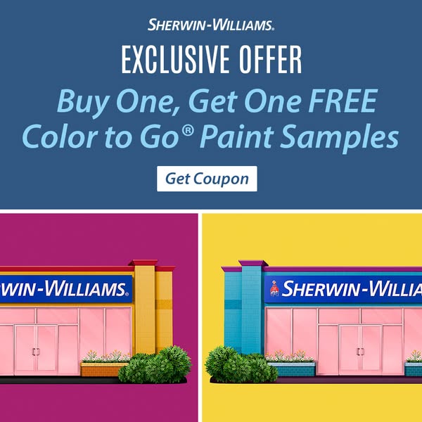 This image ad promotes Sherwin-Williams paint samples with a buy-one-get-one-free offer. The ad features the Sherwin-Wil