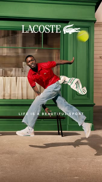 This ad features a Lacoste-branded tennis-inspired lifestyle with a focus on apparel and footwear, visually capturing th