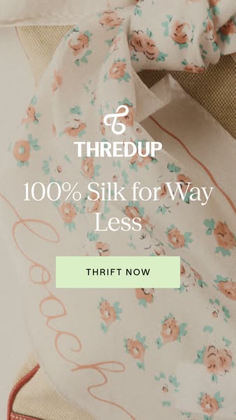 This ad showcases a floral silk scarf from ThredUp, emphasizing the affordability of 100% silk.