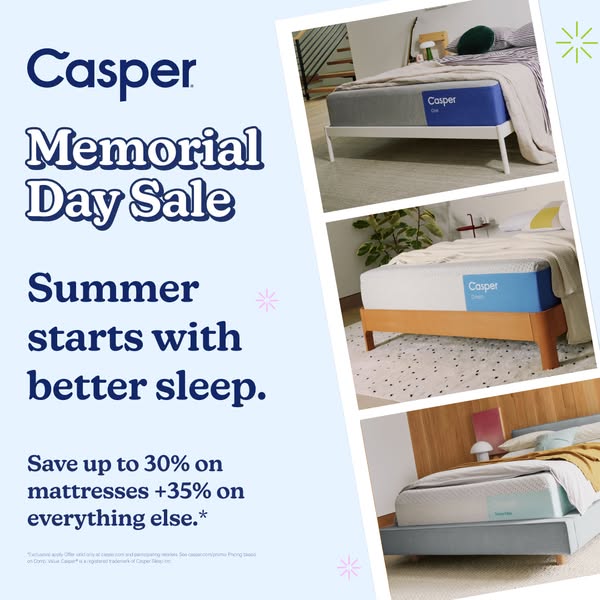 This image ad for Casper promotes the Memorial Day Sale with discounts up to 30% on mattresses and 35% on everything els