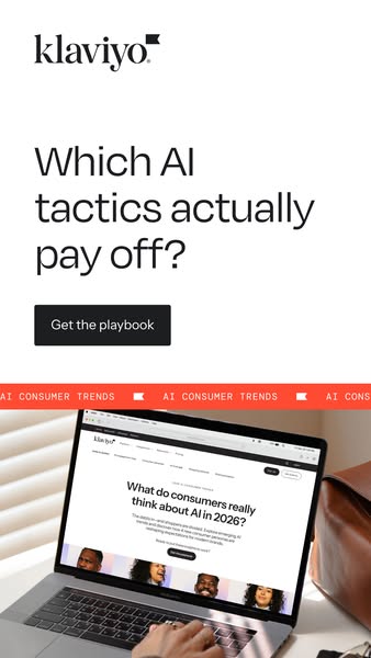 This ad is for Klaviyo and promotes their AI consumer trends playbook by posing the question of which AI tactics pay off