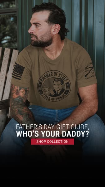 This Father's Day gift guide ad features a man wearing a graphic tee with the phrase "Knower of Stuff, Fixer of