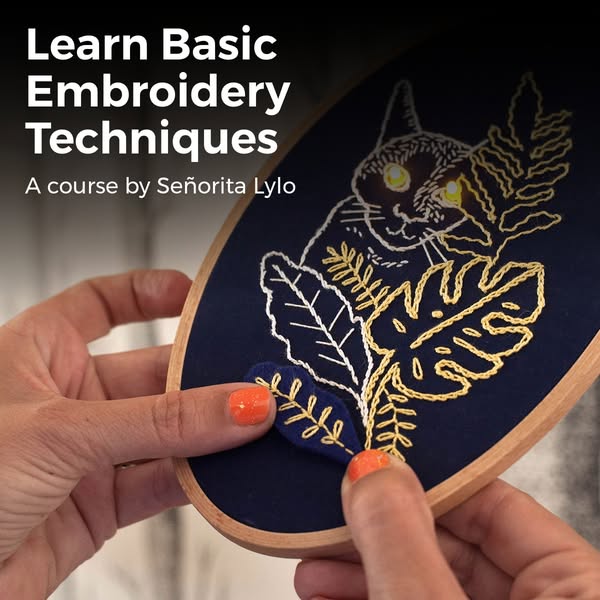This image ad promotes an online course that teaches basic embroidery techniques. The ad features a close-up of a person