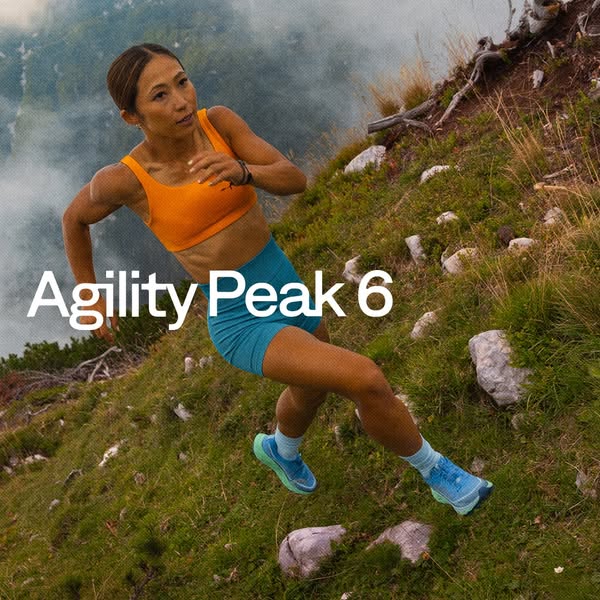 This ad promotes Merrell's Agility Peak 6 trail running shoe. It features an athletic woman running on a grassy, roc