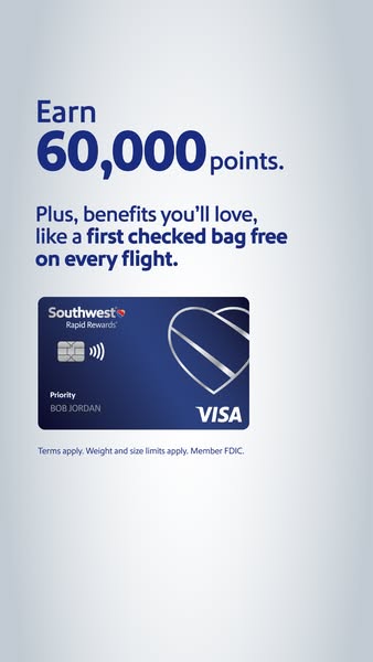 This ad promotes the Southwest Rapid Rewards credit card, highlighting its point-earning potential and the benefit of a 