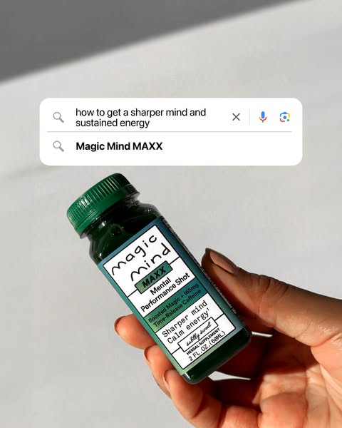 This ad features a bottle of Magic Mind MAXX being held up to the camera with an overlay of a search bar with queries th