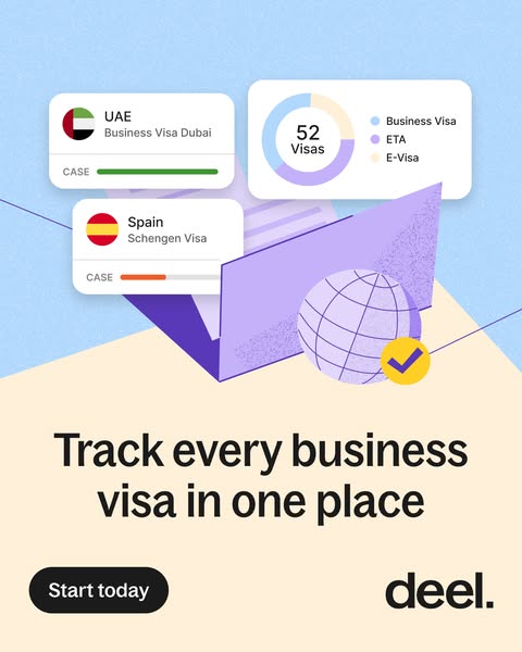 This ad promotes Deel as a solution for tracking business visas. The ad features a graphic of visa applications and a he