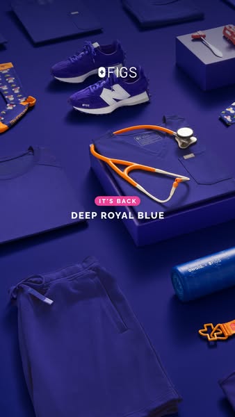 This ad for FIGS promotes their Deep Royal Blue collection, showcasing an assortment of FIGS brand apparel and accessori