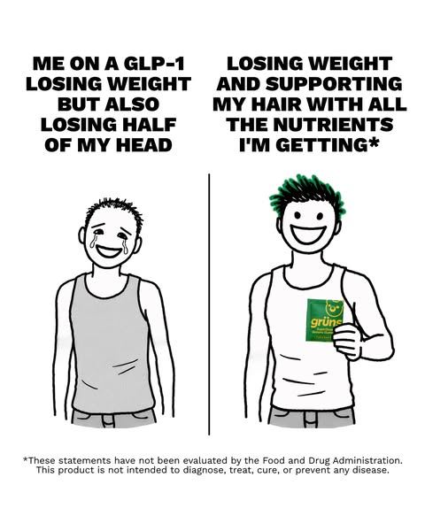 The ad uses a before-and-after image with cartoon drawings to humorously highlight the potential side effects of GLP-1 w