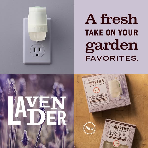 This image ad for Mrs. Meyer's Clean Day promotes their lavender-scented oil diffuser kit and refills. The ad uses a