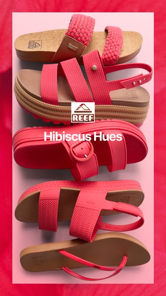 This ad features a stack of REEF sandals in varying styles, all in a 'Hibiscus Hues' color, set against a light 