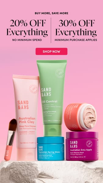 This image ad promotes Sand & Sky with an offer of 20% off everything with no minimum spend and 30% off everything w