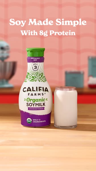 This ad for Califia Farms promotes its organic soy milk, highlighting its simplicity with only 3 ingredients and 8g of p