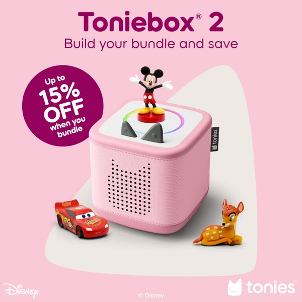 This image ad promotes the Toniebox 2, highlighting its bundle offer. The ad features the Toniebox with various Disney T