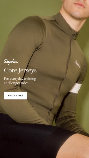 This ad is promoting Rapha Core Jerseys for everyday training and longer rides, featuring a model wearing the product in