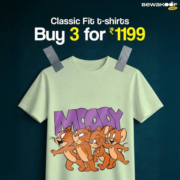 This ad promotes classic fit t-shirts from Bewakoof.com, featuring a 'Buy 3 for ₹1199' offer. The visual focuses