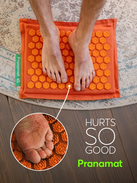 This image ad is for the brand Pranamat. The ad features a Pranamat being used by someone who is standing on it barefoot