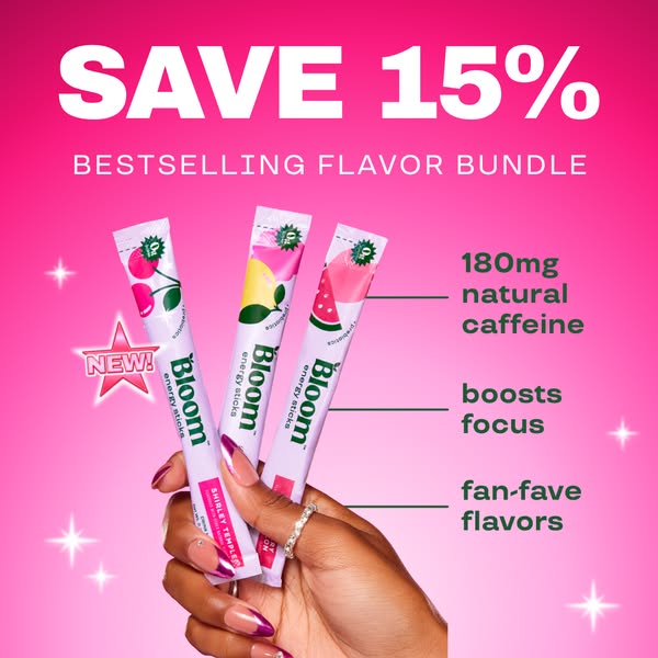 The image ad showcases Bloom energy sticks with a promotion of 15% off the bestselling flavor bundle. A hand holds three