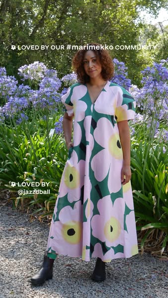 This ad features a woman wearing a Marimekko dress standing outdoors. Text overlaid on the image shows that the photo ha