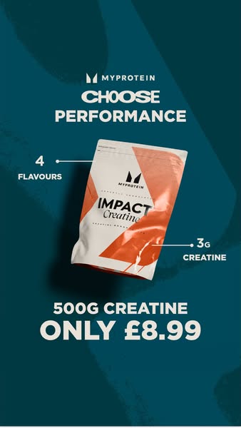 This is a single image ad for Myprotein's Impact Creatine product. It highlights the brand, the product, and its low