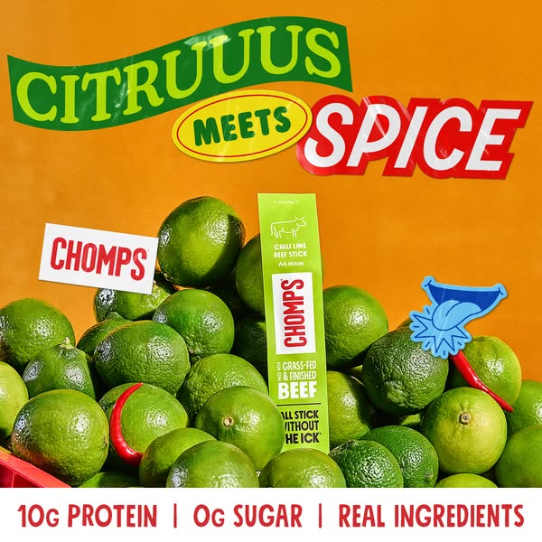 This ad for Chomps promotes their Chili Lime Beef Stick using a combination of playful visuals, text, and a focus on key