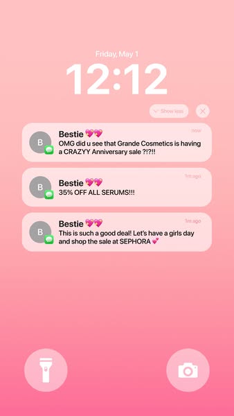 This mobile ad simulates a phone notification to advertise a sale from Grande Cosmetics at Sephora. The ad uses a text t